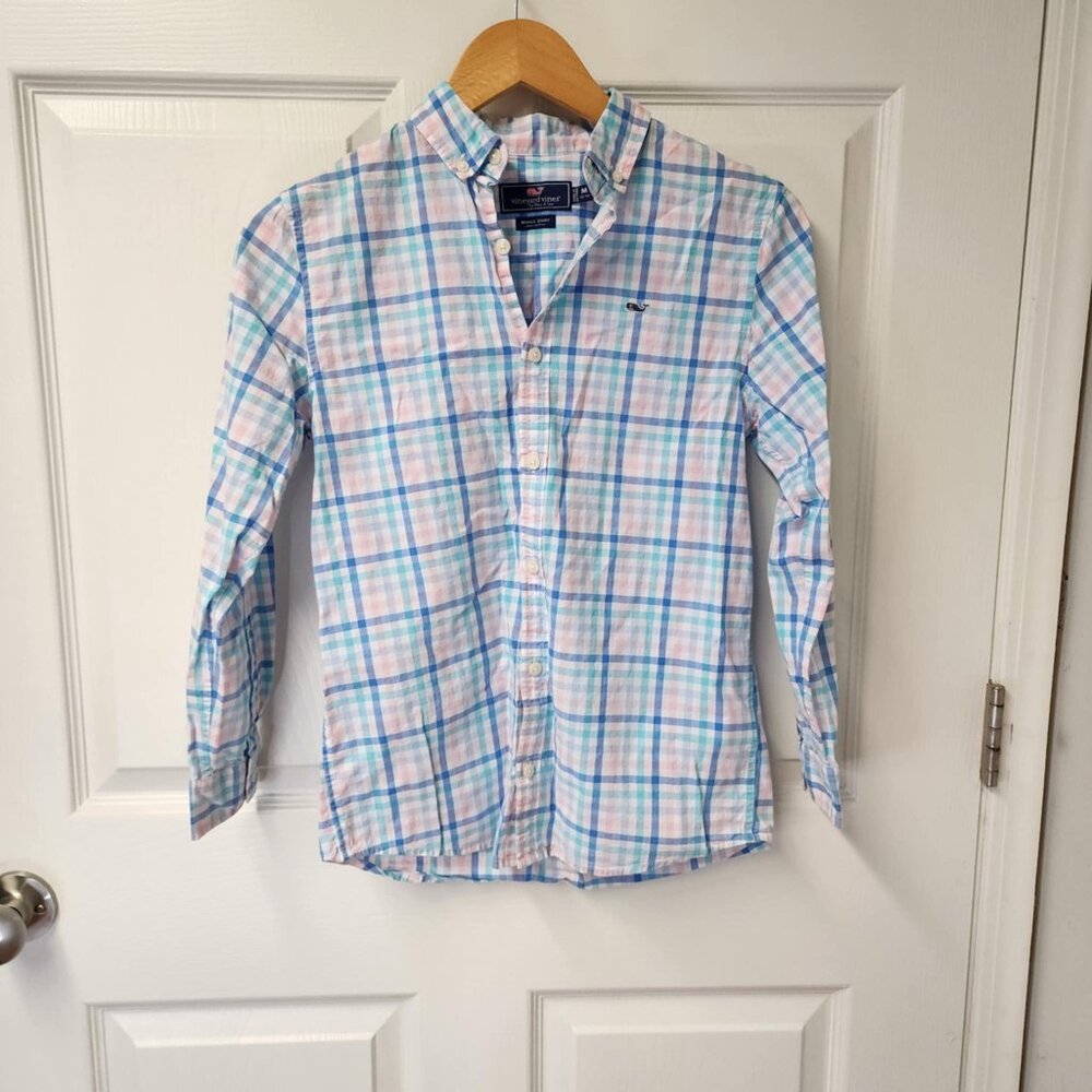 Vineyard vines youth boy medium button down whale shirt pastal plaid preppy